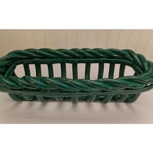 Rare Vintage Green Woven Ceramic Bread Fruit Basket Perfect Condition